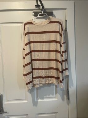 Relaxed Cream and Brown Striped Long Sleeve Tee size xl